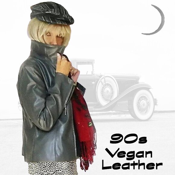 Vegan Leather Jacket Gray Chic Modernist with Curves VFG 90s Vintage Moto - Picture 1 of 15